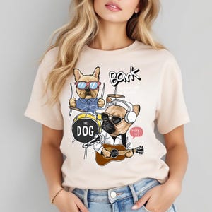 Funny Dog Band T-Shirt - Cute French Bulldog Music Tee with Cartoon Dog Graphic Shirt for Dog Lovers
