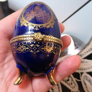 Russian AKM Porcelain Cobalt Blue Easter Egg, Jewelry/Trinket Porcelain Box