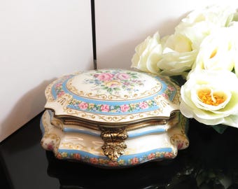 Raro joyero cuadrado grande ACF Decor de Paris con tapa, cofre de porcelana estilo Sèvres, caja de porcelana francesa