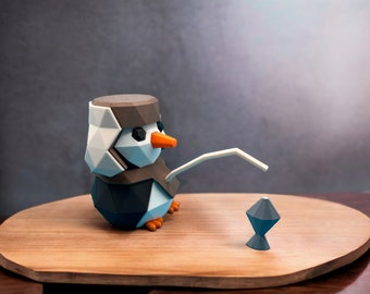 Penguin Figure, Ice Fishing, Winter Decoration, Fish, Fishing Rod, Gift, Geometric Sculpture, Low-Poly Style, Art Object, Office Decor.