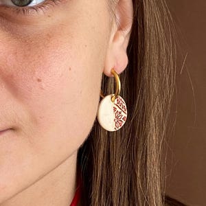 Boho Folk Ceramic Earrings – Rustic Clay Hoops with Traditional Embroidery Pattern – Handmade Ethnic Jewelry – Ukrainian Artisan Gift