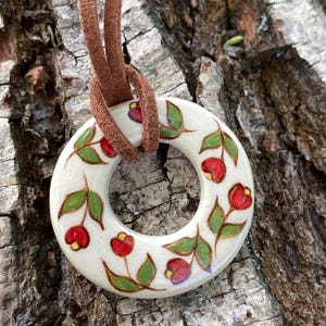 Hand Painted Ceramic Necklace – Red Flowers on Clay – Ideal Gift for Birthday, Anniversary or Just Because