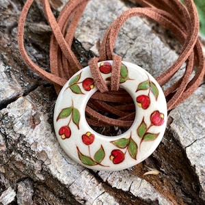 Hand Painted Ceramic Necklace – Red Flowers on Clay – Ideal Gift for Birthday, Anniversary or Just Because