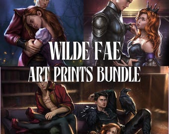 May include: A bundle of four digital art prints featuring fantasy characters in various settings. The text WILDE FAE ART PRINTS BUNDLE is overlaid in white. The illustrations depict couples in dark, atmospheric scenes with red, black, and purple tones.