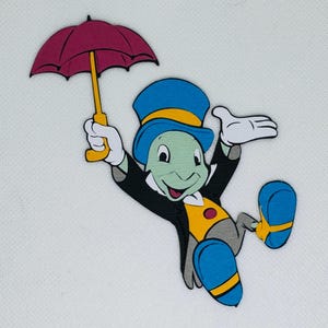 May include: A colorful cartoon illustration of a cricket holding a red umbrella. The cricket is wearing a blue top hat, a yellow vest, and blue shoes. The cricket is smiling and appears to be jumping.