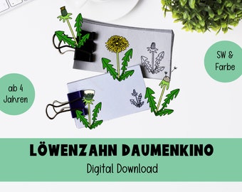 Flipbook Daumenkino Löwenzahn | Digital Download | SW + Farbe zum Ausmalen Basteln für Kinder ab 4 Jahren | Natur Umwelt