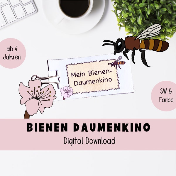 Flipbook Bee | Daumenkino Biene fliegt zur Blüte | Digital Download | SW + Farbe zum Ausmalen Basteln für Kinder ab 4 Jahren | Natur Umwelt