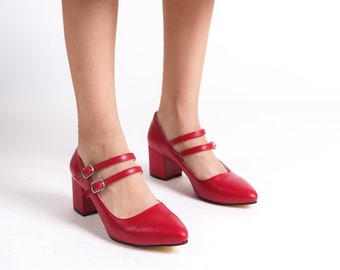 Mary Jane Red Color Matte Leather Front Strap Women's Heeled Shoes, Comfortable Block Heeled Evening Shoes, Pointed Toe Heels, Short Heels