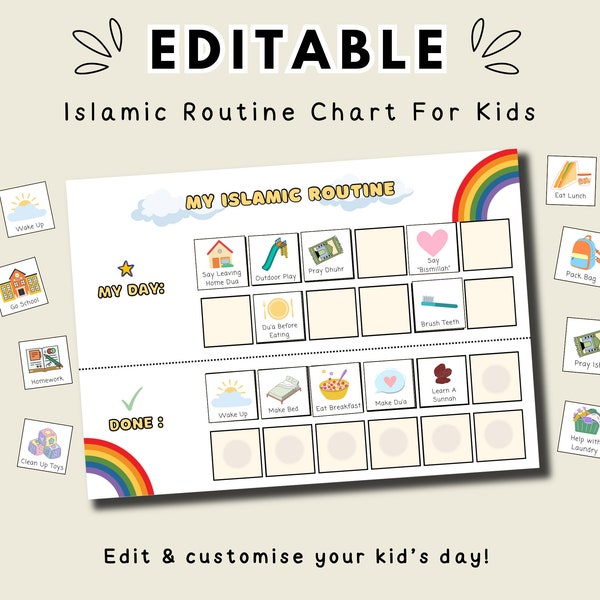 Meine islamische Verantwortung Routine Visuelles Diagramm für muslimische Kinder Homeschool Kleinkind Druckbare Tägliche Checkliste Islam Chore Karten EDITIERBAR