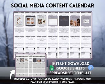 Social Media Organizer, Social Media Content Planner, Content Calendar Tracker, Digital Marketing Spreadsheet, Google Sheets Template