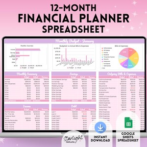Niedlicher Pastell-Bankenplaner Google-Spreadsheet, monatliche Budgetierung für das ganze Jahr, Tilgungs-, Rechnungs- und Ausgaben-Tracker, automatisiertes Dashboard
