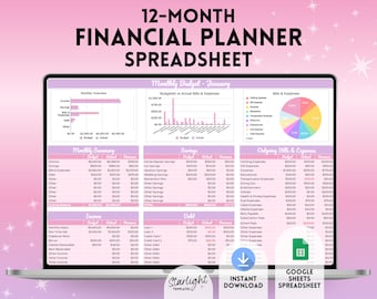 Cute Pastel Financial Planner Google Spreadsheet, Full Year Monthly Budgeting, Debt Repayment, Bill & Expense Tracker, Automated Dashboard