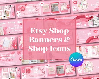 Bannières roses de boutique Etsy et modèles d'icônes de boutique, modèles Canva pour les vendeurs Etsy prospères, couverture de boutique Etsy, graphiques pour vitrine Etsy