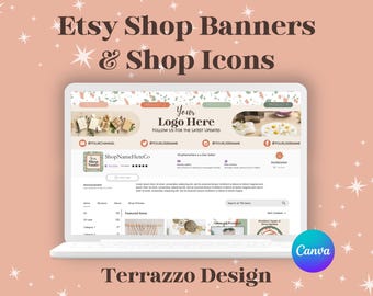Bannières de boutique Etsy et modèles d'icônes de boutique, modèles Canva pour les vendeurs Etsy prospères, création de logo Etsy, graphismes en terrazzo devanture Etsy