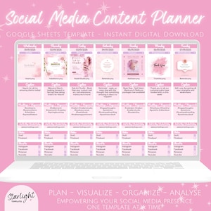 Jaarkalender en planner voor sociale media, spreadsheetsjabloon voor Google Spreadsheets, roze planner voor sociale media, tracker voor sociale media