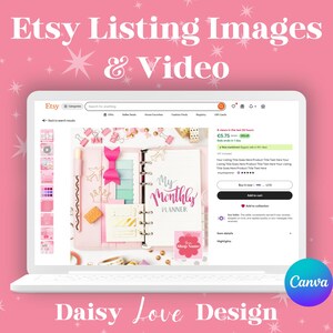 以下が含まれることがあります： ノートパソコンの画面には、ピンクのプランナー、文房具、そして「Etsy Listing Images & Video」というテキストが表示されたEtsyのリストが表示されています。背景はピンク色で白い星があり、Canvaのロゴが見えます。