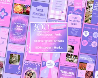 300 Instagram Post Templates Pink Purple Design, Social Media Content Bundle, IG Feed Templates for Small Business, Instagram Canva Template