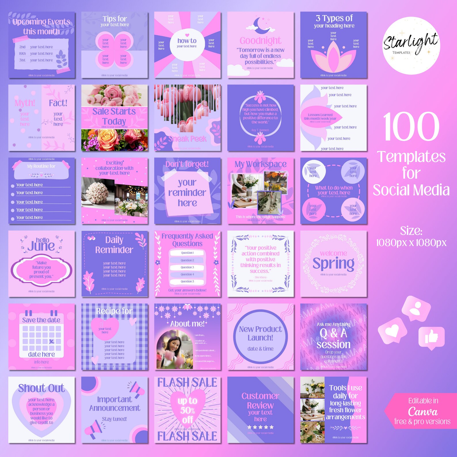100 Purple Pink Social Media Templates, Instagram Post Template Bundle ...