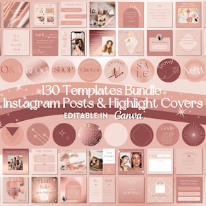 130 Blush Pink Instagram Post Templates, Instagram Highlight Covers Rose Gold, Pink Social Media Templates Bundle, Editable Canva Templates