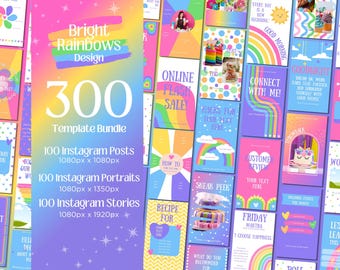 300 Rainbow Instagram Posts Templates, Colorful Instagram Templates Bundle, Social Media Content, Small Business Instagram, Canva Templates