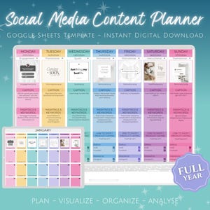 Contentkalender en planner voor sociale media, spreadsheetsjabloon Google Spreadsheets, planner sociale media Rainbow, tracker voor sociale media