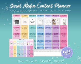 Social Media Content Calendar and Planner, Google Sheets Spreadsheet Template, Rainbow Social Media Planner, Social Media Tracker