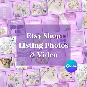 Puede incluir: Una colección de fotos y plantillas de vídeo para anuncios de tiendas Etsy en tonos morados y blancos. La imagen incluye varias maquetas de productos, secciones de reseñas de clientes y una carta de colores. El logotipo de Canva es visible.