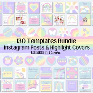 Pastel Rainbow Instagram Bundle, 100 Post Templates & 30 Highlight Covers Template, Cute IG Story Icons, Insta Business Branding Canva