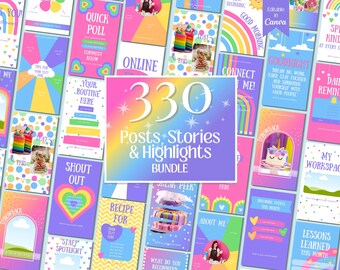 330 plantillas de arcoíris brillantes para Instagram, paquete de plantillas para redes sociales, plantillas coloridas para publicaciones de Instagram editables en Canva