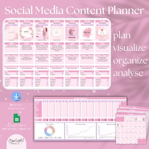Planificador y calendario de contenido para redes sociales, plantilla de hoja de cálculo de Google Sheets, calendario rosa para redes sociales, rastreador de redes sociales