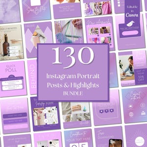 130 Purple Instagram Feed, Small Business Social Media Templates, 100 Violet Instagram Posts & 30 IG Highlight Covers, Canva Templates