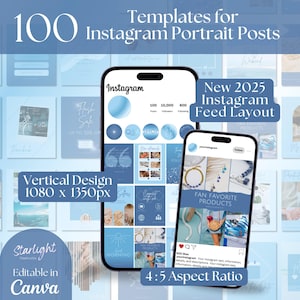 100 種類の投稿テンプレート、新しい Instagram グリッド レイアウト、青い Instagram ポートレート投稿とカルーセル、ソーシャル メディア テンプレート、IG フィード、Canva テンプレート