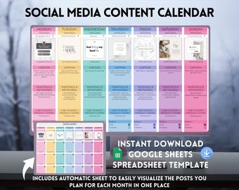 Social Media Content Calendar and Planner, Google Sheets Spreadsheet Template, Rainbow Social Media Planner, Social Media Tracker