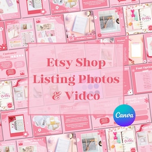 Puede incluir: Imagen con plantillas rosas para fotos y vídeos de listados de tiendas Etsy. Muestra maquetas para presentaciones de productos, secciones de reseñas de clientes y elementos personalizables. El logotipo de Canva es visible en la esquina inferior derecha.