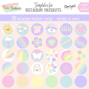 30 copertine arcobaleno pastello per Instagram, icone pastello per le storie di Instagram, Instagram aziendale, modelli per social media, modelli Canva