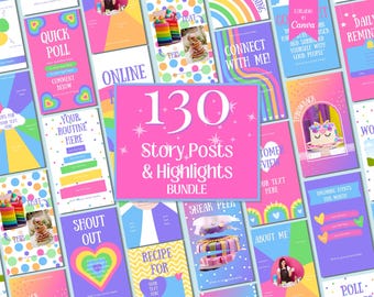 130 Bright Rainbow Instagram Stories Bundle, 30 Colorful Cute IG Highlight Covers, 100 Small Business Instagram Templates, Editable in Canva