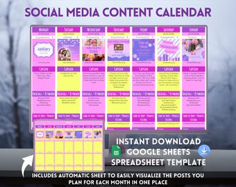 Social Media Content Calendar Tracker, Google Sheets Planner Template, Spreadsheet for Social Media Planning, Digital Marketing Scheduler