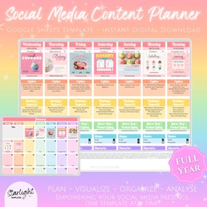 May include: A digital social media content planner template on a laptop and a smaller calendar. The planner displays a full year's worth of content, with sections for each day of the week. The text includes "Social Media Content Planner" and "Google Sheets Template - Instant Digital Download."