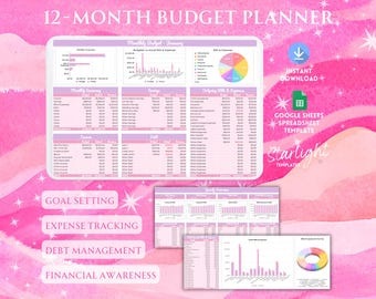 12-Month Pink Budget Planner Spreadsheet, Financial Planner, Monthly Budgeting, Debt Repayment, Bill & Expense Tracker, Google Sheets