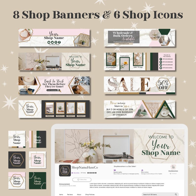 Etsy Shop Kit for Etsy Sellers, Etsy Shop Banners, Shop Icons, Listing Thumbnails, Canva Templates for Etsy Shop, Marble Design, Etsy Shop Setup, Graphics for Small Business