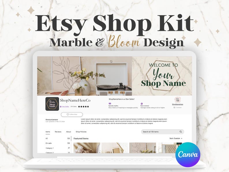Etsy Shop Kit for Etsy Sellers, Etsy Shop Banners, Shop Icons, Listing Thumbnails, Canva Templates for Etsy Shop, Marble Design, Etsy Shop Setup, Graphics for Small Business