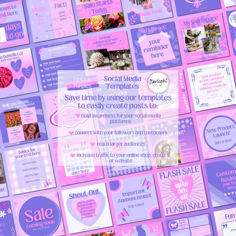 100 Purple Pink Social Media Templates, Instagram Post Template Bundle ...