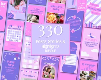 330 Pink & Purple Instagram Posts, Social Media Templates Mega Bundle, Colorful IG Feed Templates Editable in Canva, Small Business IG