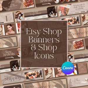 Könnte beinhalten: Eine Sammlung von Etsy-Shop-Bannern und -Symbolen in Braun- und Beigetönen. Die Banner zeigen Texte wie "Neue Artikel", "Kostenloser Versand", "Ihr Logo hier" und "Weil Sie es verdient haben!" Die Symbole umfassen eine Flasche ätherisches Öl, einen Make-up-Pinsel und ein Blatt.
