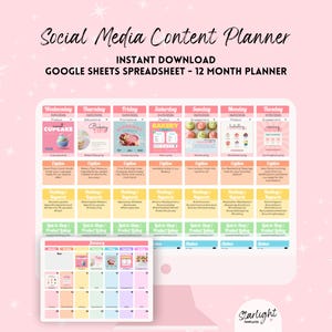 May include: A pink digital planner with the text "Social Media Content Planner" and "Instant Download" is displayed. The planner is a Google Sheets spreadsheet with a 12-month layout. It includes sections for captions, hashtags, and product sales.