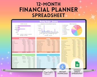 Rainbow Budget Planner Spreadsheet, Full Year Financial Planner, Monthly Budgeting, Debt Repayment, Bill & Expense Tracker, Google Sheets