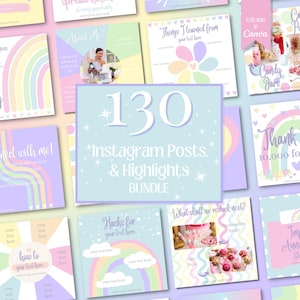 Rainbow Pastel Instagram Templates, 100 IG Posts & 30 Highlight Covers Bundle, Cute Colorful IG Story Icons, Insta Business Branding Canva