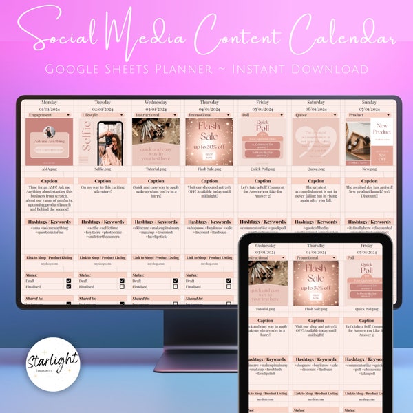 Monthly Social Media Content Calendar, Google Sheets Social Media Planner, Analytics Dashboard, Batch Content Planner, Full Year Spreadsheet