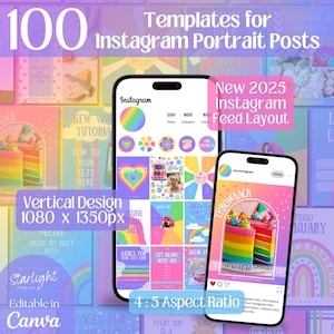 100 Post Templates New Instagram Grid Layout, Bright Colorful Rainbow Instagram Portrait Posts, Canva Templates for Social Media, IG Feed