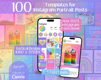 100 Post Templates New Instagram Grid Layout, Bright Colorful Rainbow Instagram Portrait Posts, Canva Templates for Social Media, IG Feed